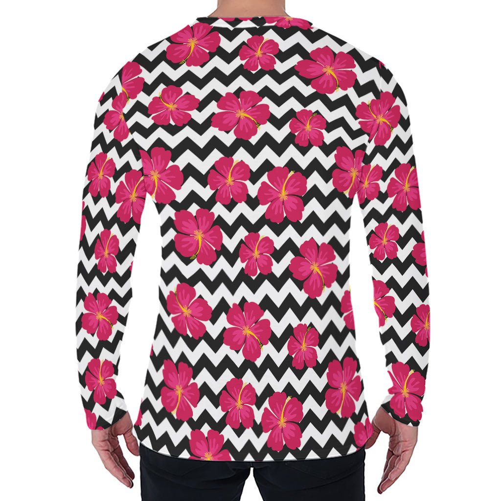 Pink Hibiscus Zigzag Pattern Print Men's Long Sleeve T-Shirt