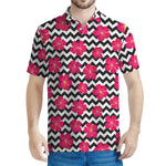 Pink Hibiscus Zigzag Pattern Print Men's Polo Shirt