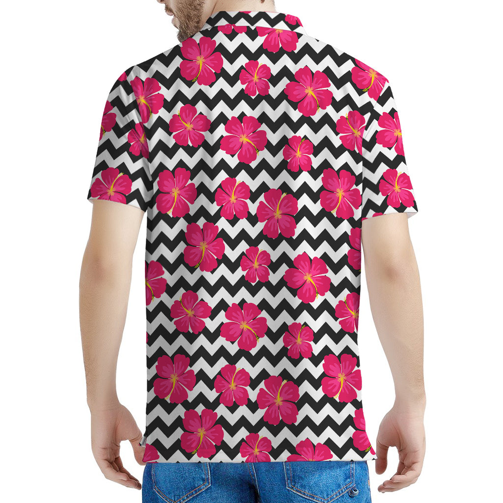 Pink Hibiscus Zigzag Pattern Print Men's Polo Shirt