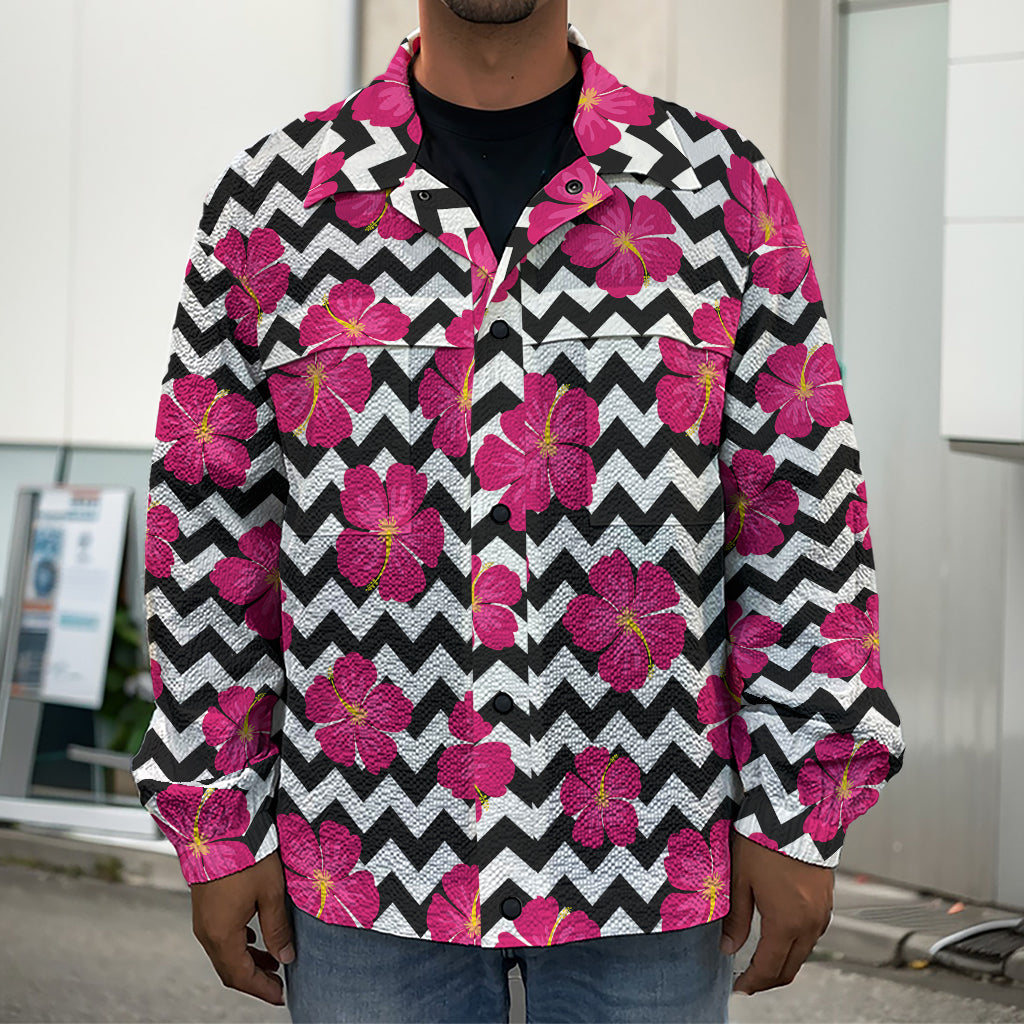 Pink Hibiscus Zigzag Pattern Print Men's Shirt Jacket