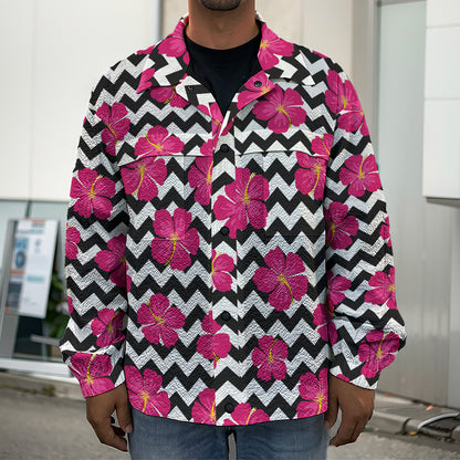 Pink Hibiscus Zigzag Pattern Print Men's Shirt Jacket