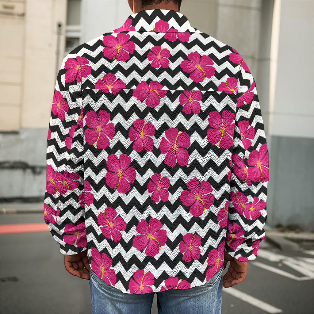 Pink Hibiscus Zigzag Pattern Print Men's Shirt Jacket