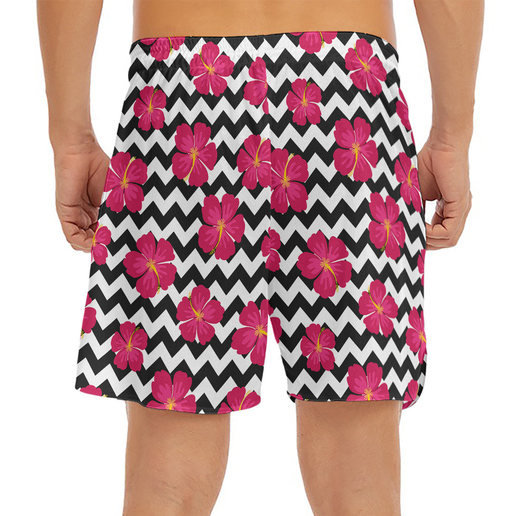 Pink Hibiscus Zigzag Pattern Print Men's Split Running Shorts