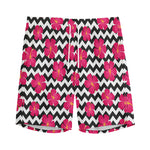 Pink Hibiscus Zigzag Pattern Print Men's Sports Shorts