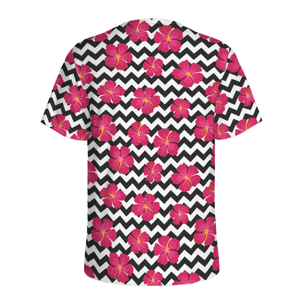 Pink Hibiscus Zigzag Pattern Print Men's Sports T-Shirt