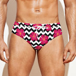 Pink Hibiscus Zigzag Pattern Print Men's Swim Briefs