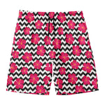 Pink Hibiscus Zigzag Pattern Print Men's Swim Trunks