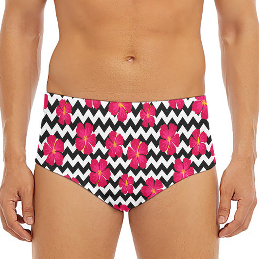 Pink Hibiscus Zigzag Pattern Print Men's Triangle Swim Briefs