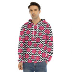 Pink Hibiscus Zigzag Pattern Print Men's Velvet Pullover Hoodie