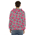 Pink Hibiscus Zigzag Pattern Print Men's Velvet Pullover Hoodie
