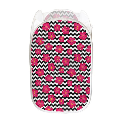 Pink Hibiscus Zigzag Pattern Print Mesh Laundry Hamper