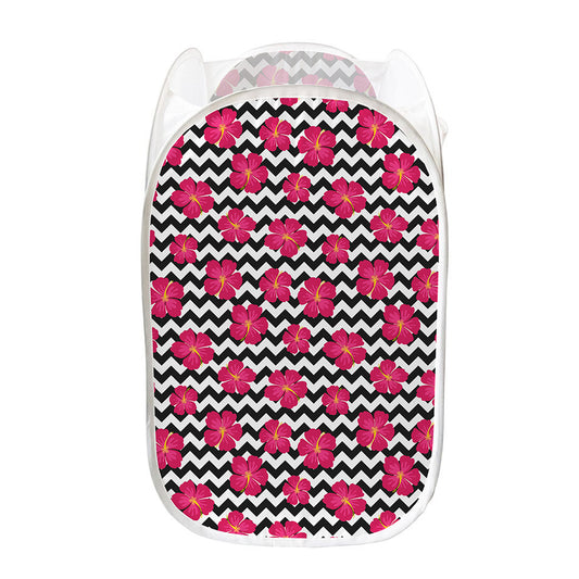 Pink Hibiscus Zigzag Pattern Print Mesh Laundry Hamper