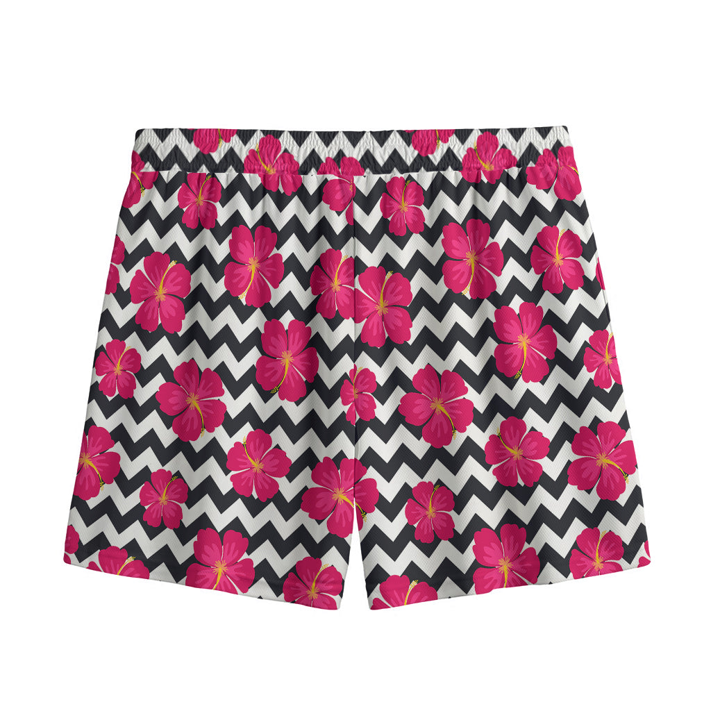 Pink Hibiscus Zigzag Pattern Print Mesh Shorts