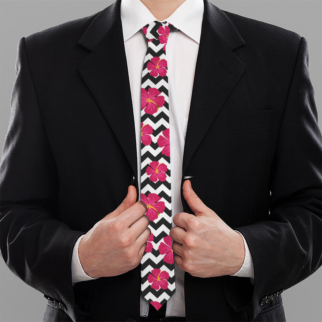 Pink Hibiscus Zigzag Pattern Print Necktie