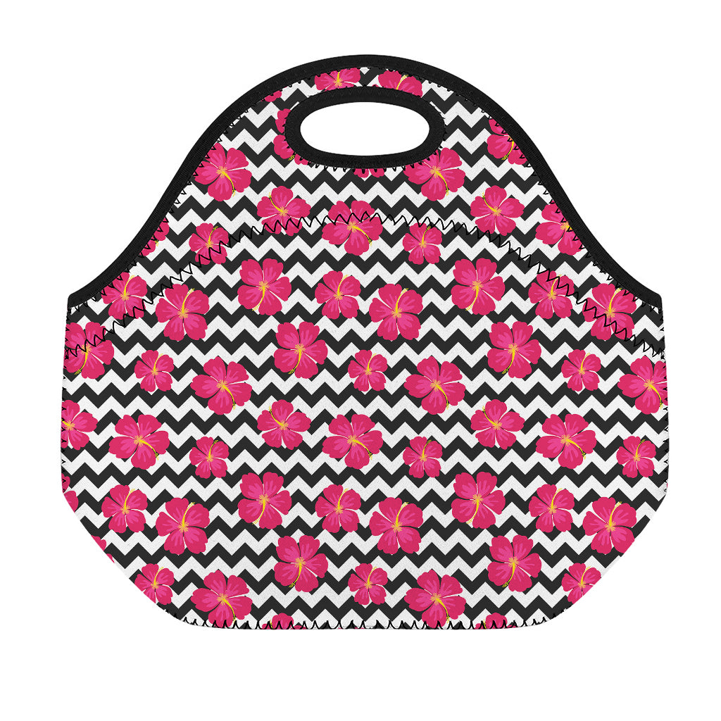 Pink Hibiscus Zigzag Pattern Print Neoprene Lunch Bag