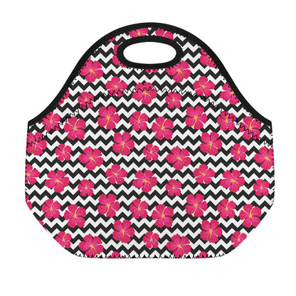 Pink Hibiscus Zigzag Pattern Print Neoprene Lunch Bag