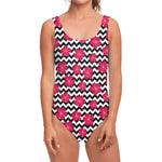 Pink Hibiscus Zigzag Pattern Print One Piece Swimsuit