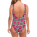 Pink Hibiscus Zigzag Pattern Print One Piece Swimsuit