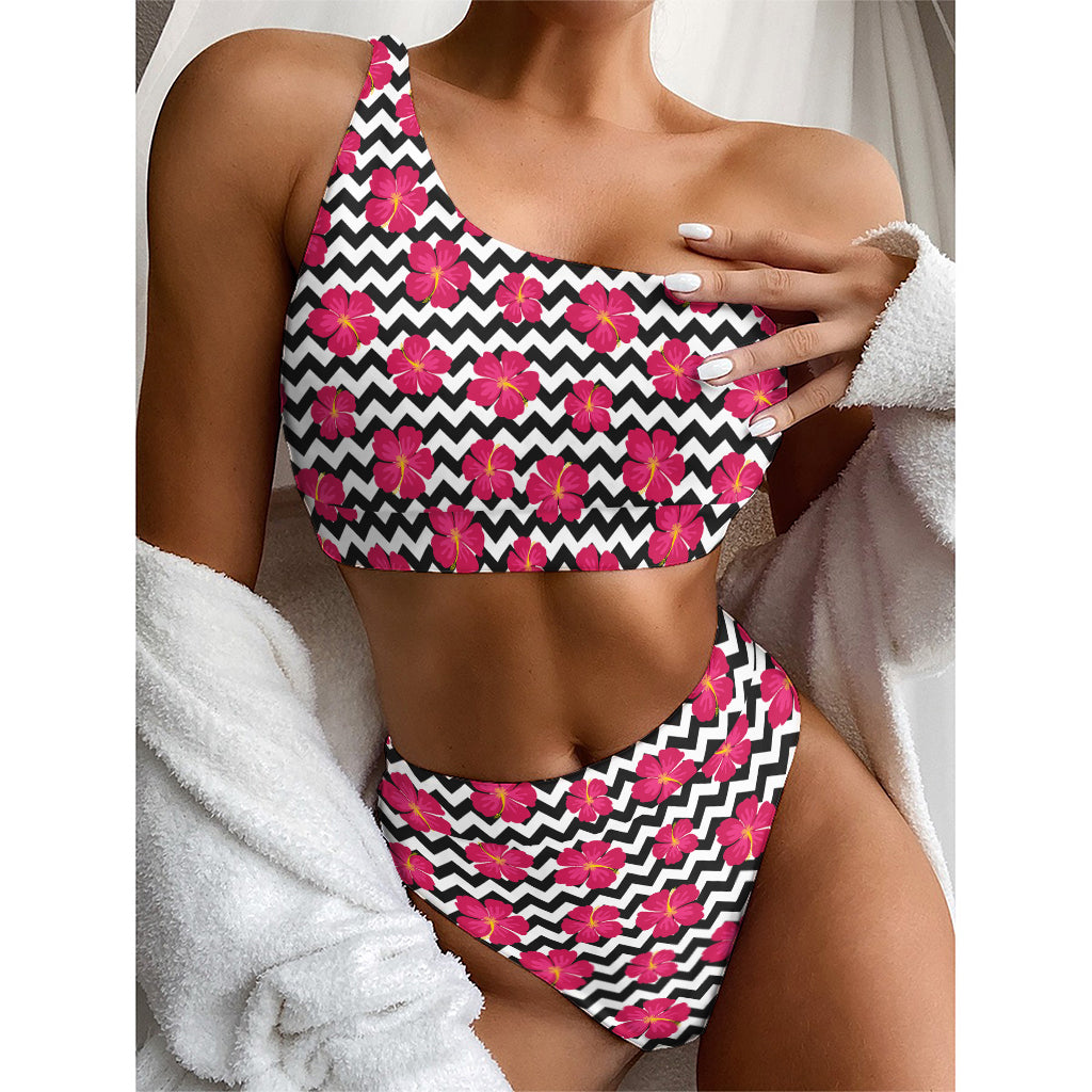Pink Hibiscus Zigzag Pattern Print One Shoulder Bikini Top