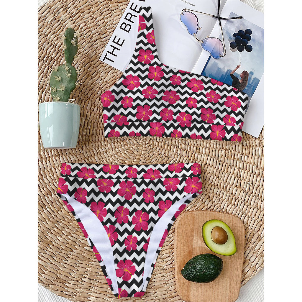 Pink Hibiscus Zigzag Pattern Print One Shoulder Bikini Top
