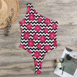 Pink Hibiscus Zigzag Pattern Print One Shoulder Bodysuit