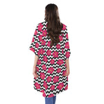 Pink Hibiscus Zigzag Pattern Print Open Front Beach Cover Up