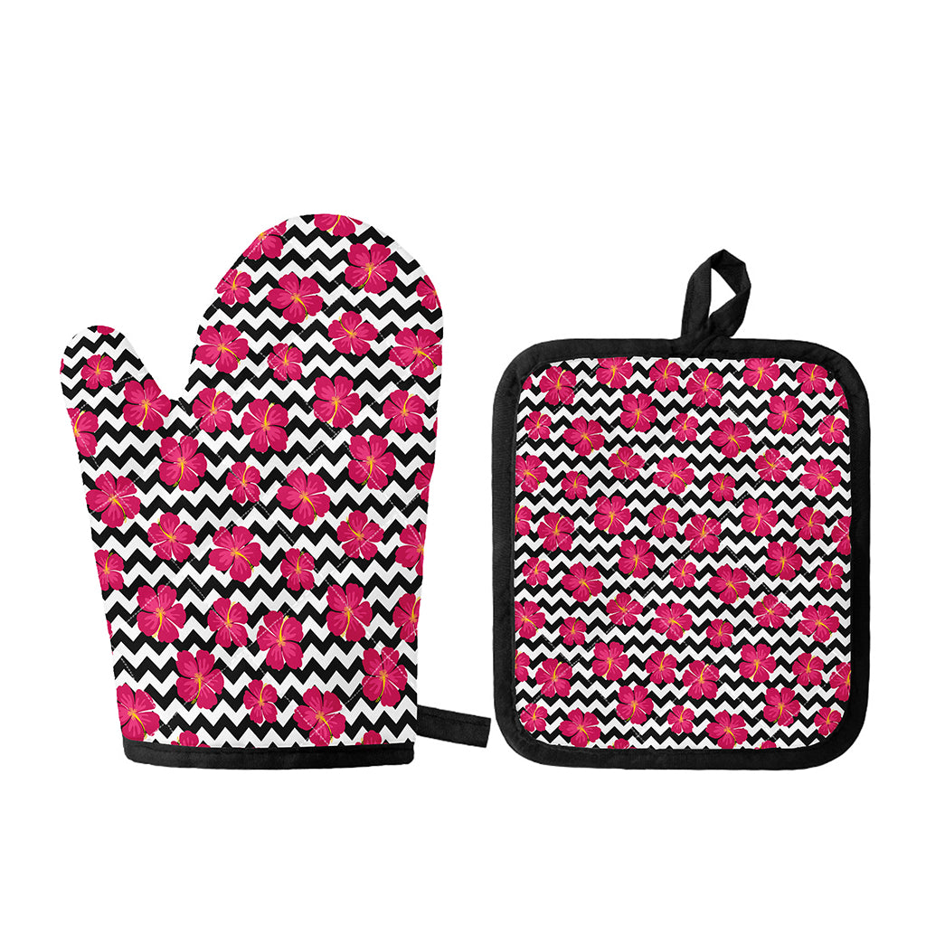 Pink Hibiscus Zigzag Pattern Print Oven Mitt And Pot Holder Set