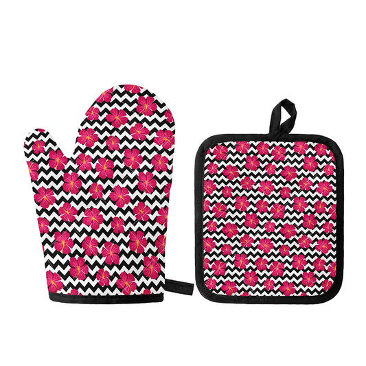 Pink Hibiscus Zigzag Pattern Print Oven Mitt And Pot Holder Set