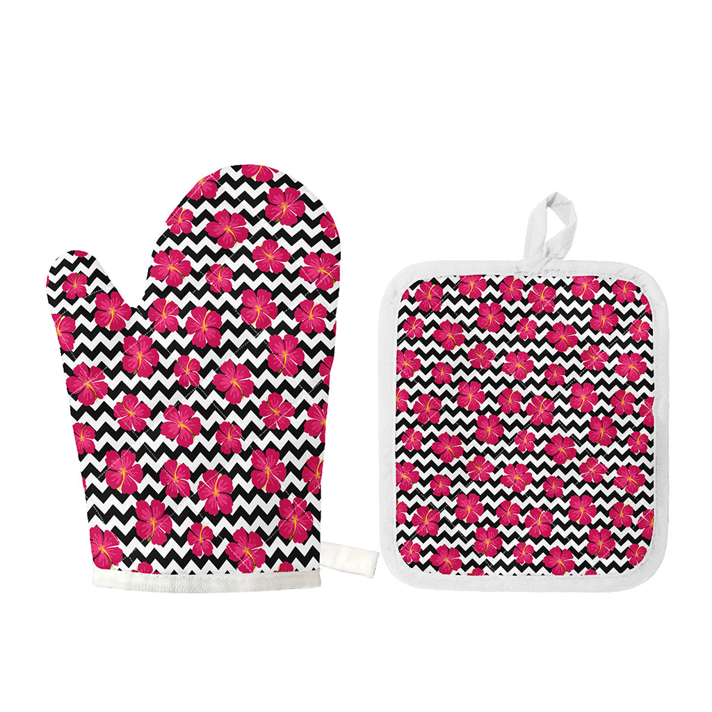 Pink Hibiscus Zigzag Pattern Print Oven Mitt And Pot Holder Set