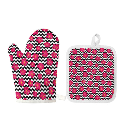 Pink Hibiscus Zigzag Pattern Print Oven Mitt And Pot Holder Set