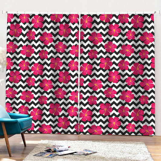 Pink Hibiscus Zigzag Pattern Print Pencil Pleat Curtains
