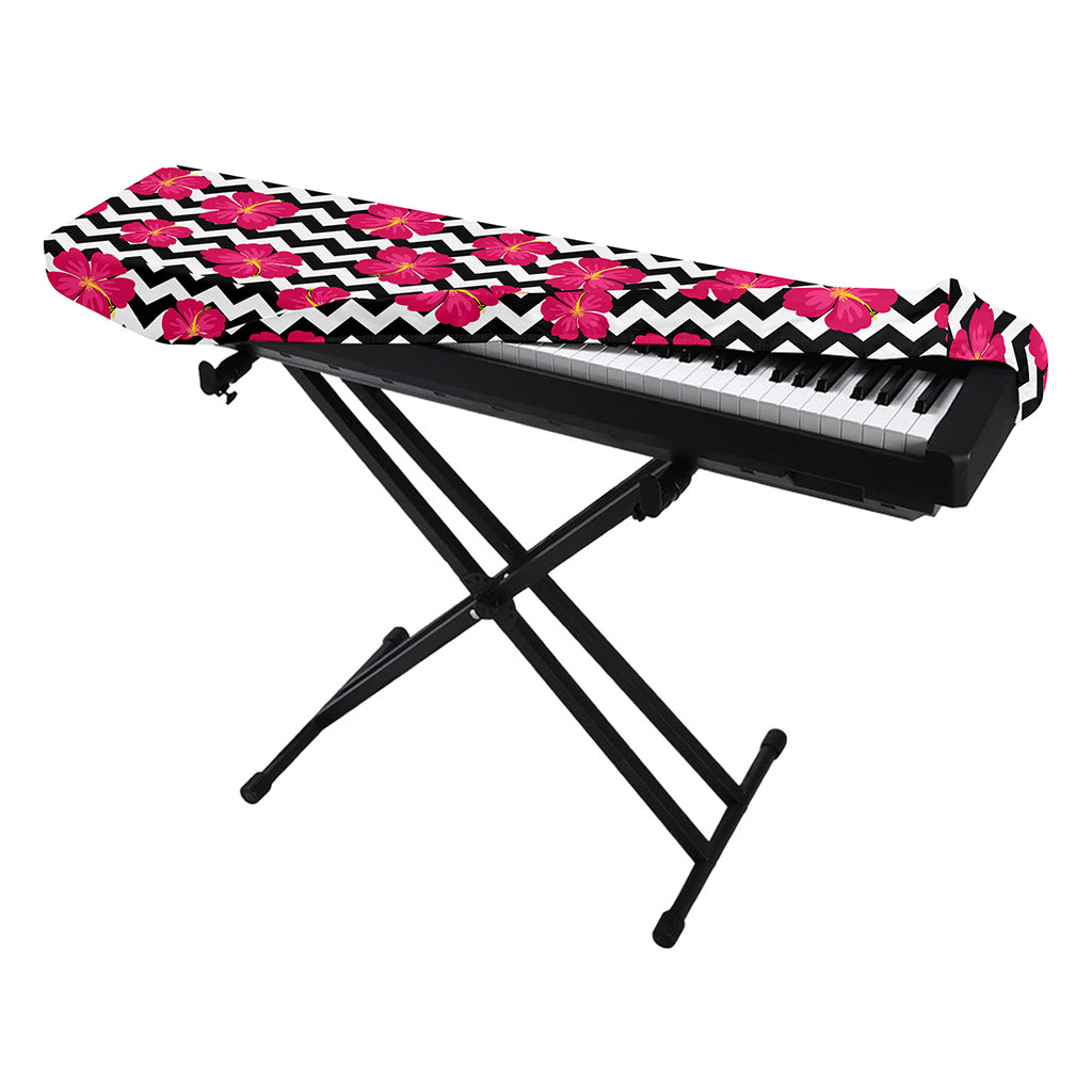Pink Hibiscus Zigzag Pattern Print Piano Keyboard Cover