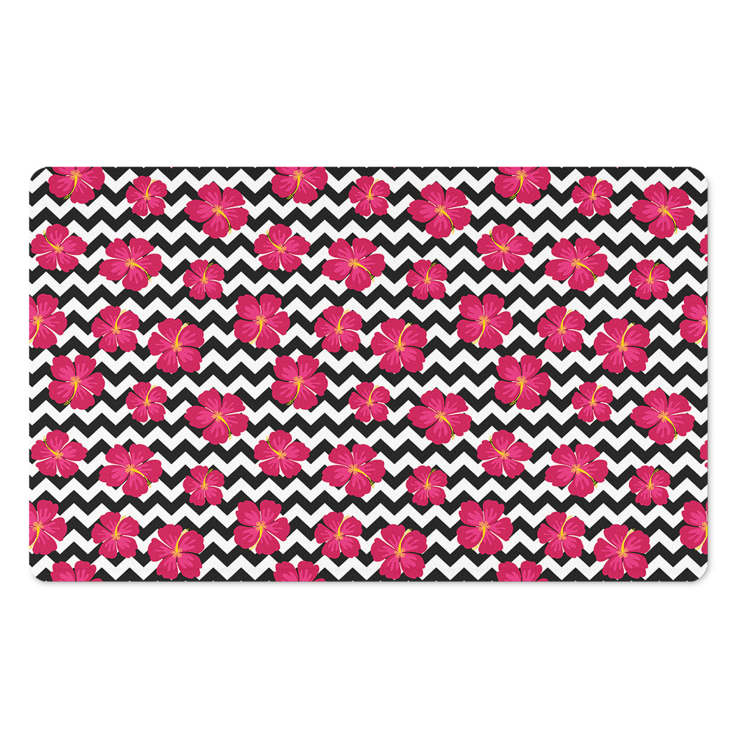 Pink Hibiscus Zigzag Pattern Print Polyester Doormat