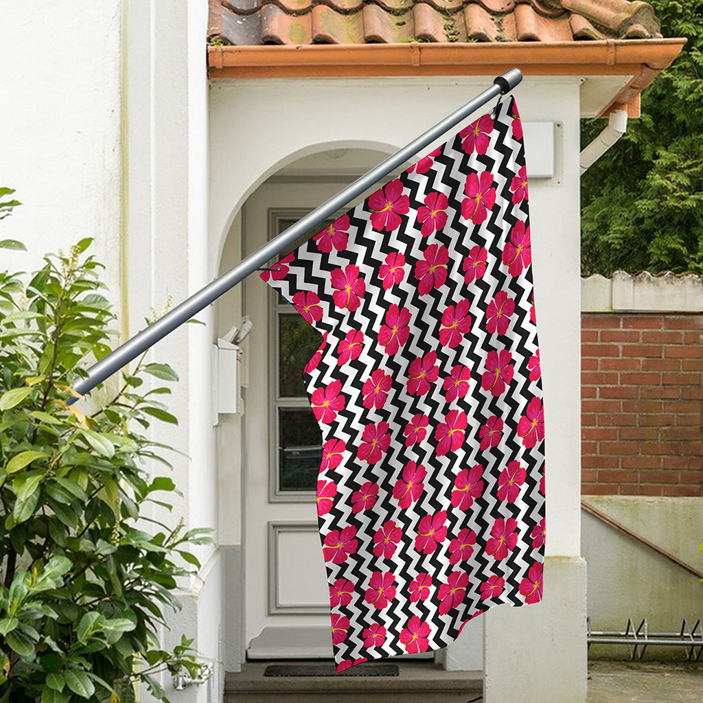 Pink Hibiscus Zigzag Pattern Print Polyester Flag