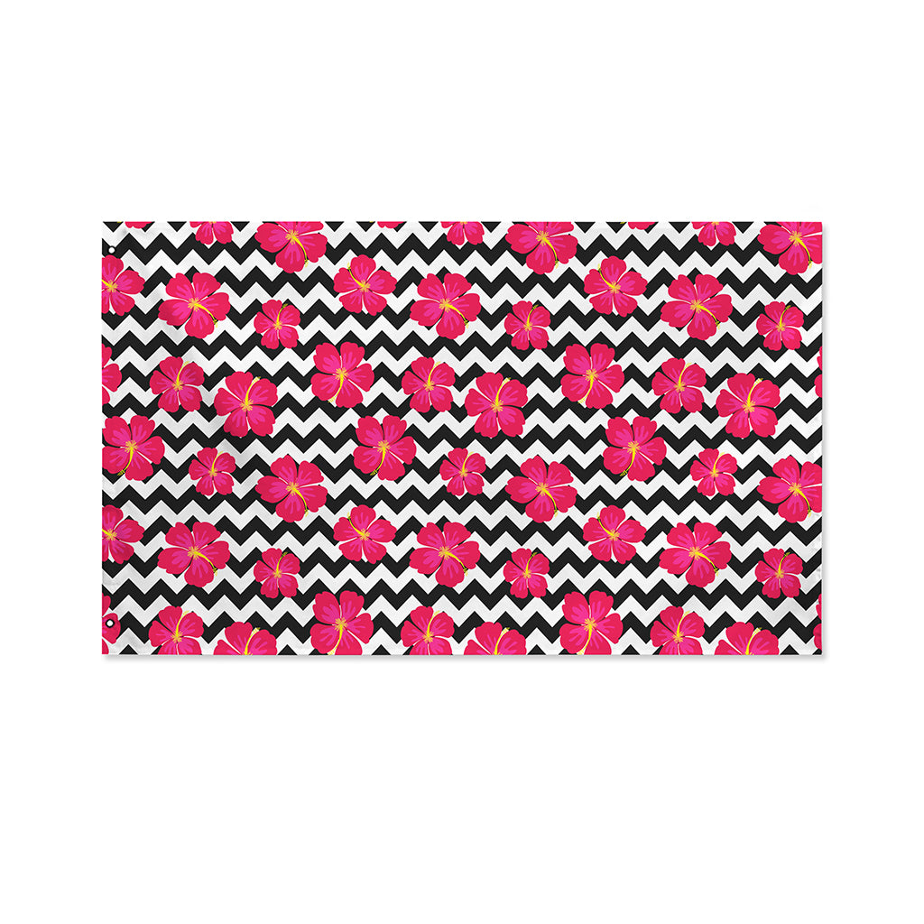 Pink Hibiscus Zigzag Pattern Print Polyester Flag