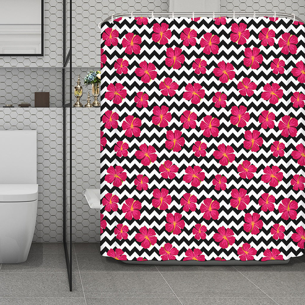 Pink Hibiscus Zigzag Pattern Print Polyester Shower Curtain