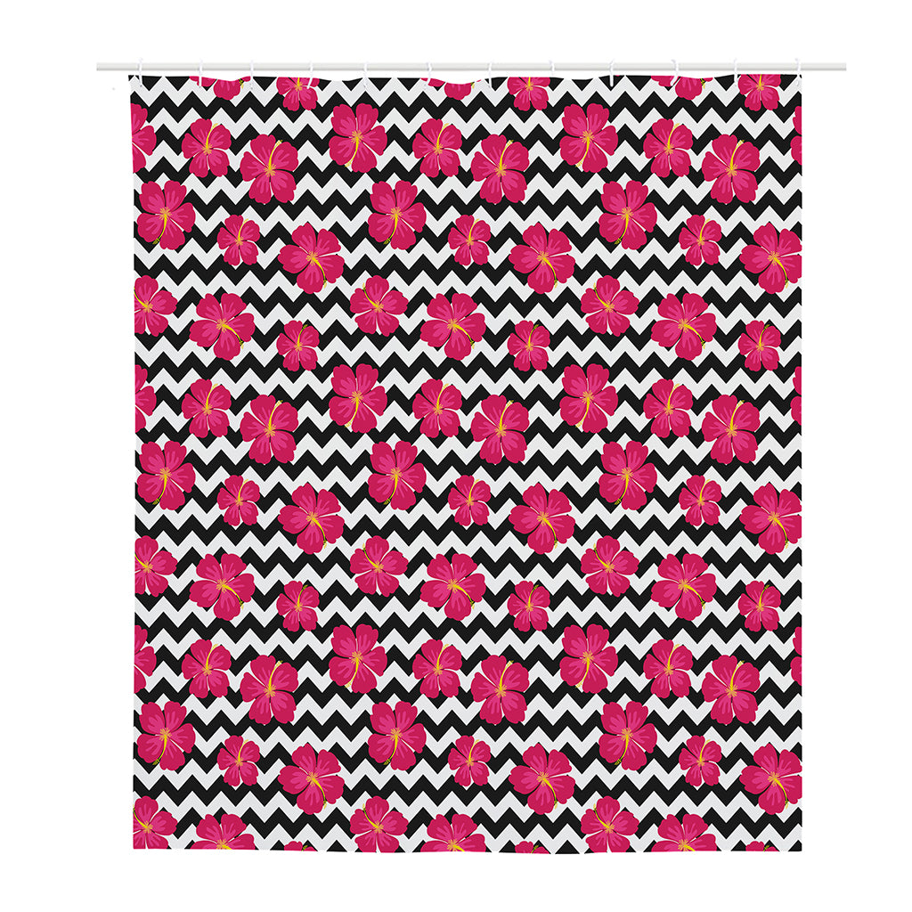 Pink Hibiscus Zigzag Pattern Print Polyester Shower Curtain