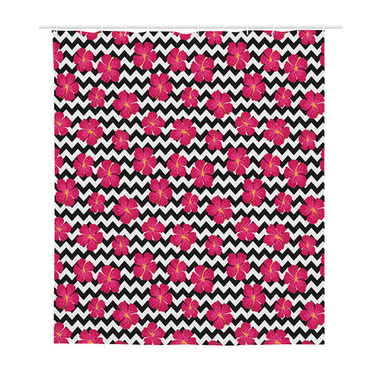 Pink Hibiscus Zigzag Pattern Print Polyester Shower Curtain