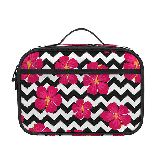 Pink Hibiscus Zigzag Pattern Print Portable Lunch Bag