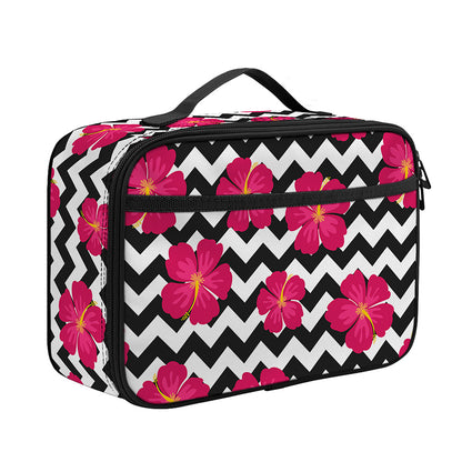 Pink Hibiscus Zigzag Pattern Print Portable Lunch Bag