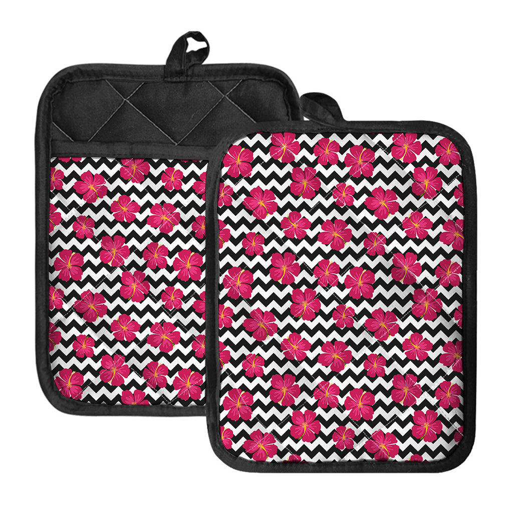 Pink Hibiscus Zigzag Pattern Print Pot Holders With Pocket