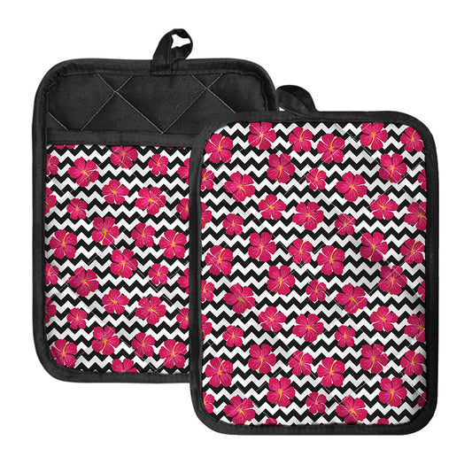 Pink Hibiscus Zigzag Pattern Print Pot Holders With Pocket