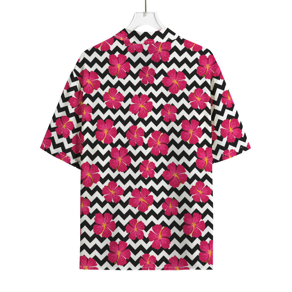 Pink Hibiscus Zigzag Pattern Print Rayon Hawaiian Shirt