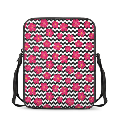Pink Hibiscus Zigzag Pattern Print Rectangular Crossbody Bag