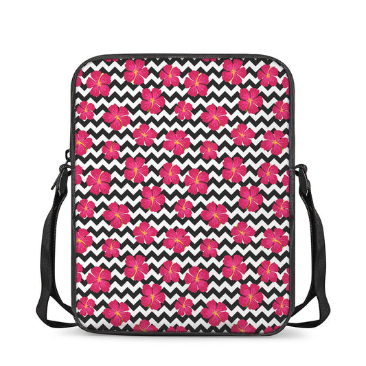 Pink Hibiscus Zigzag Pattern Print Rectangular Crossbody Bag