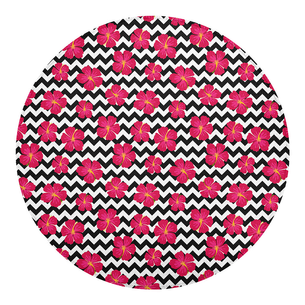 Pink Hibiscus Zigzag Pattern Print Round Blanket