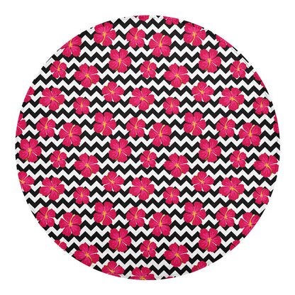 Pink Hibiscus Zigzag Pattern Print Round Blanket