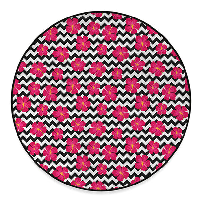 Pink Hibiscus Zigzag Pattern Print Round Floor Mat