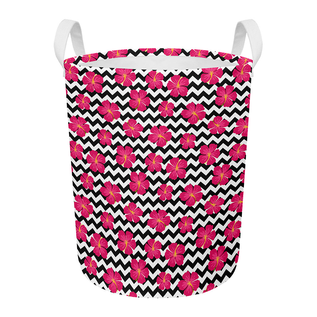 Pink Hibiscus Zigzag Pattern Print Round Laundry Basket