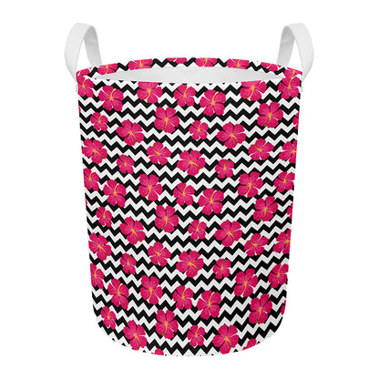 Pink Hibiscus Zigzag Pattern Print Round Laundry Basket